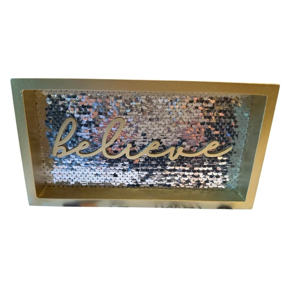 Believe Sequin Sign Shelf Sitter Home Decor Gold Silver